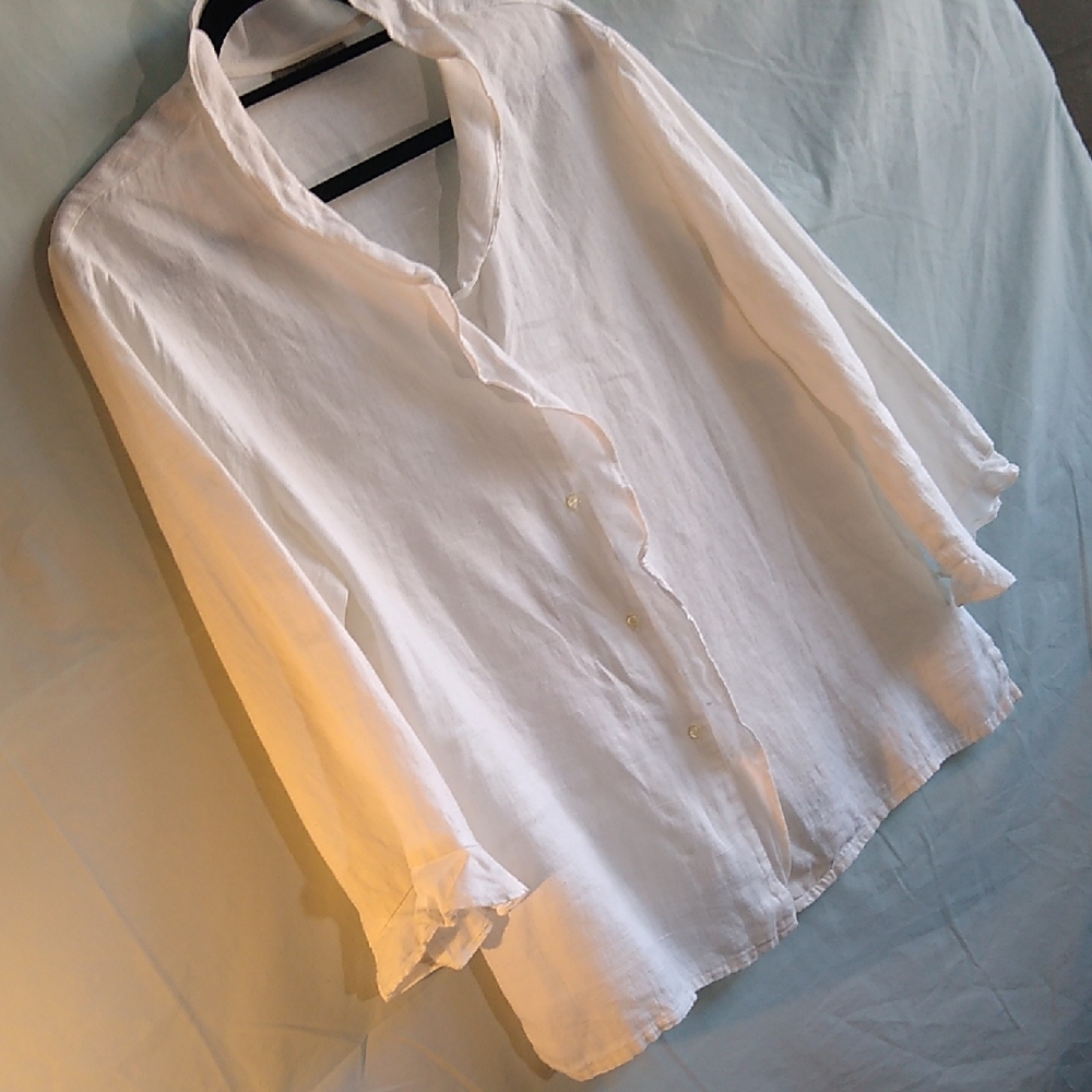 T’ Garment XL Linen Ruffle Button Front 3/4 Sleeve Blouse